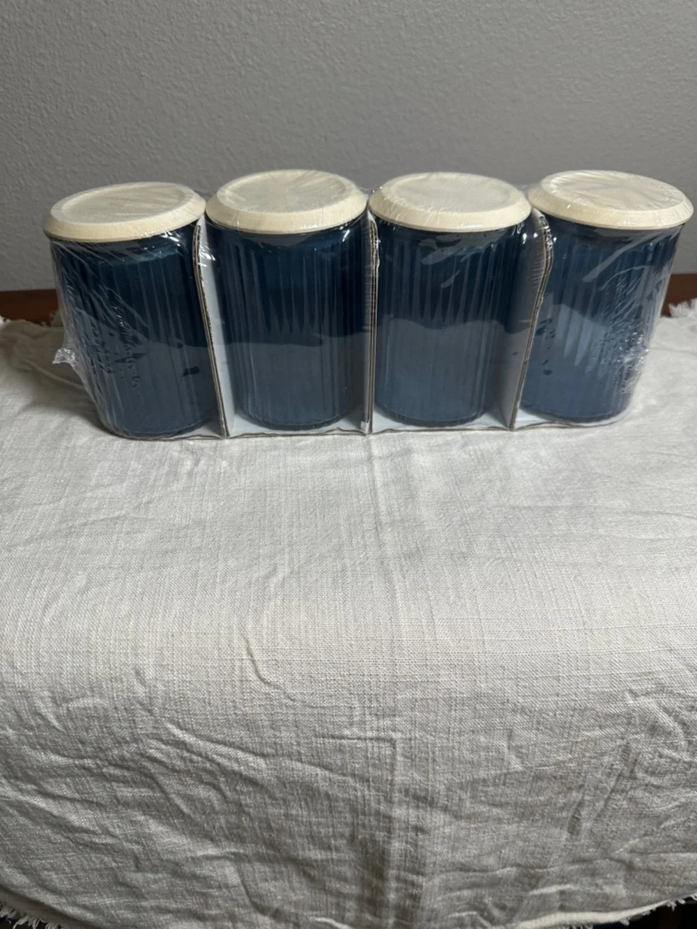 Set of 4 Navy Blue Ribbed Ceramic Canisters with Cream Lids NWT - Picture 1 of 4